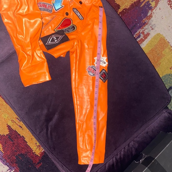 Fashion Nova Cropped Moto Orange Faux Leather Jacket with Patches Sz L - Picture 5 of 8